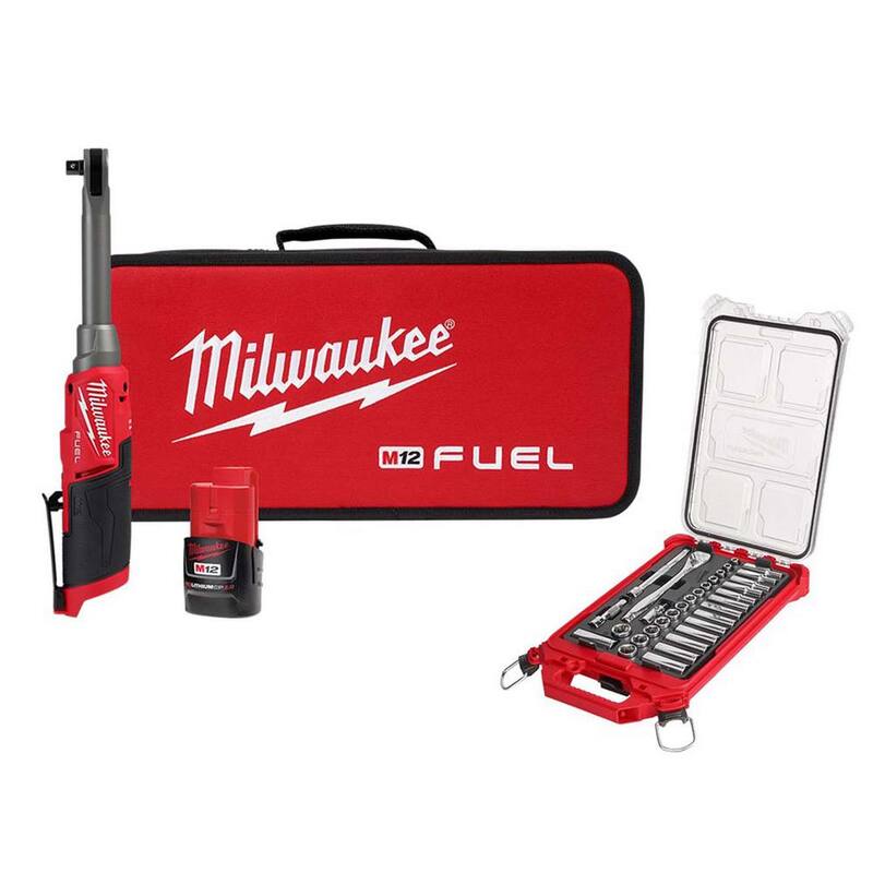 Juego de llave de trinquete inalámbrica de alta velocidad Milwaukee M12 FUEL de 12V con alcance extendido de 3/8 pulgadas y juego de llaves de carraca y socket de 3/8 pulgadas - 2569-21-48-22-9482
