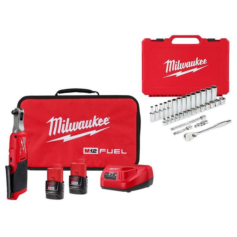 Juego de trinquete inalámbrico de litio de alta velocidad de 3/8 pulgadas Milwaukee M12 FUEL de 12V con juego de herramientas de 32 piezas (trinquete y juego de dados de 3/8 pulgadas) - 2567-22-48-22-9508