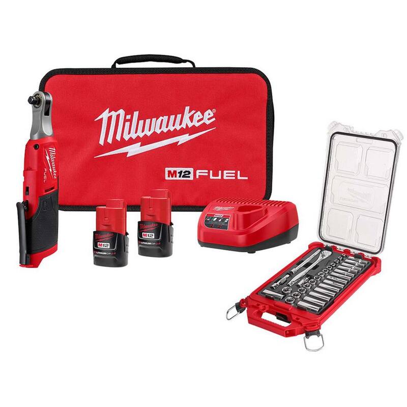 Juego de llave de trinquete inalámbrica Milwaukee M12 FUEL de 12V de alta velocidad con batería de ion de litio de 3/8 pulgadas y juego de herramientas para mecánicos de toma de corriente de 3/8 pulgadas - 2567-22-48-22-9482