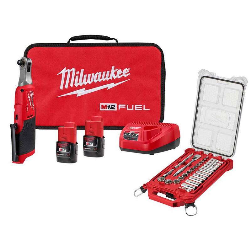 Juego de Llave de Trinquete Inalámbrica Milwaukee M12 FUEL 12Vsin escobillas de Litio-Ion de Alta Velocidad de 3/8 pulg. con Kit de Llave de Trinquete y Mecánica de Llave de Trinquete y de 3/8 pulg. SAE - 2567-22-48-22-9481