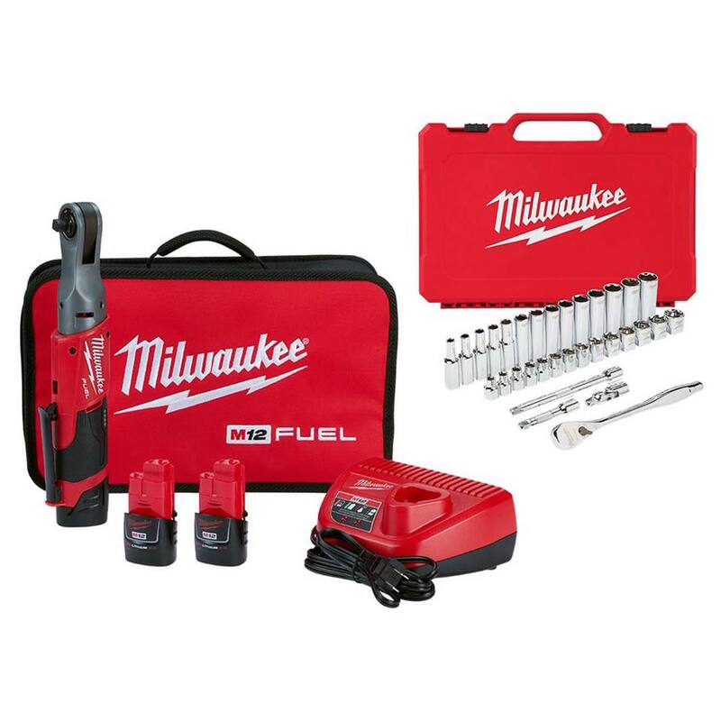 Juego de llave de trinquete inalámbrica Milwaukee M12 FUEL de 12V de 3/8 pulgadas con batería de iones de litio e incluye set de llaves de trinquete y dados métricos de 3/8 pulgadas (32 piezas) - 2557-22-48-22-9508