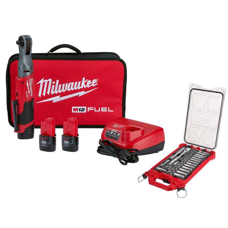 Juego de llave de trinquete inalámbrica Milwaukee M12 FUEL de 12 voltios de 3/8 de pulgada con juego de herramientas métricas de llave de trinquete y dado de 3/8 de pulgada - 2557-22-48-22-9482