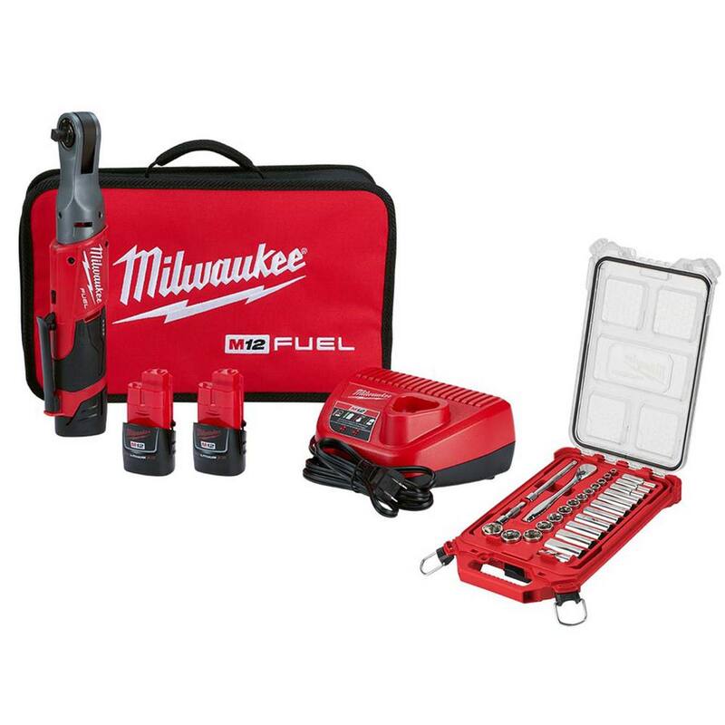 Juego de trinquete inalámbrico Milwaukee M12 FUEL 12V de 3/8 pulgadas con motor sin escobillas de iones de litio, incluye trinquete de 3/8 pulgadas y set de herramientas de mecánico con trinquete y dados de 3/8 pulgadas - 2557-22-48-22-9481.