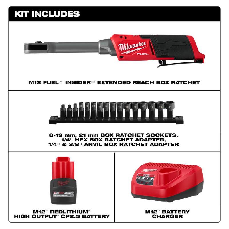 Milwaukee M12 FUEL INSIDER 12V Kit de trinquete de caja de alcance extendido inalámbrico sin escobillas de 1/4 pulg. - 3/8 pulg. con batería, cargador - 3050-21