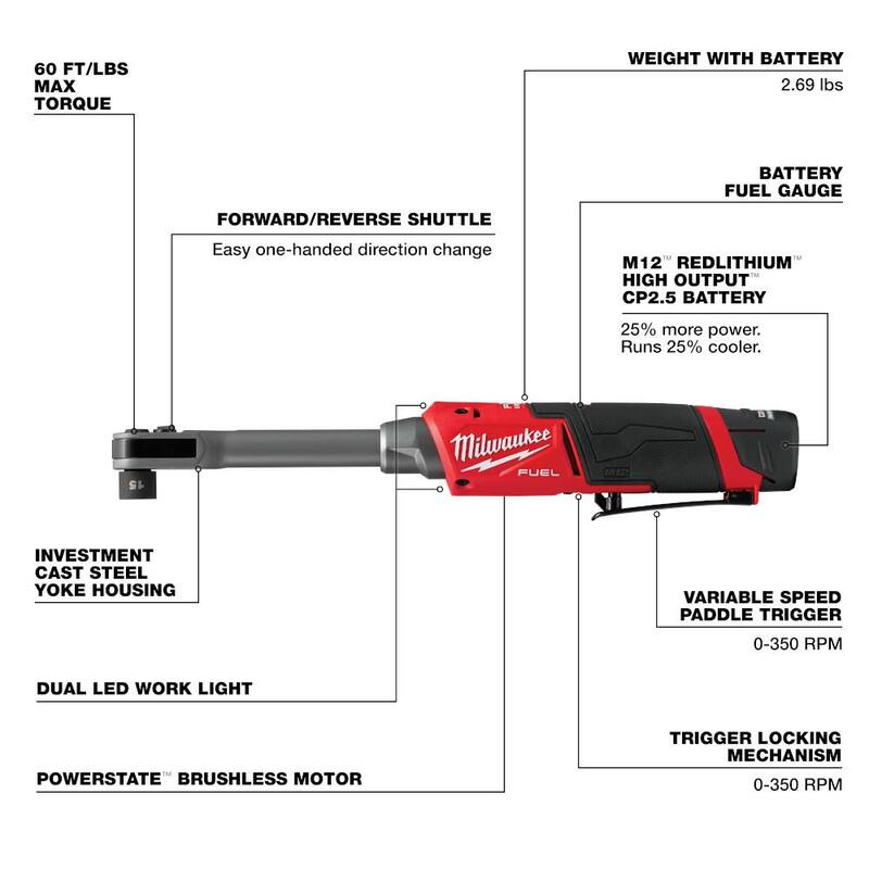 Milwaukee M12 FUEL INSIDER 12V Kit de trinquete de caja de alcance extendido inalámbrico sin escobillas de 1/4 pulg. - 3/8 pulg. con batería, cargador - 3050-21