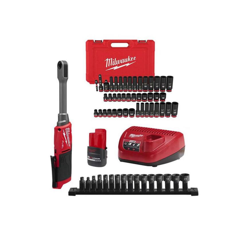Milwaukee M12 12V FUEL 1/4 in.-3/8 in. Juego de Llave de Ratchet Inalámbrica de Caja de Alcance Extendido INSIDER de Iones de Litio con Set de Puntas de Impacto de 6 Pt - 3050-21-49-66-7009