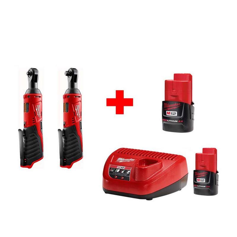Juego de combo de trinquetes sin cable de 12V de iones de litio de Milwaukee M12 1/4 in. y 3/8 in. (2 herramientas) con (2) baterías de 2.0Ah - 2456-20-2457-20-48-59-2420-48-11-2420