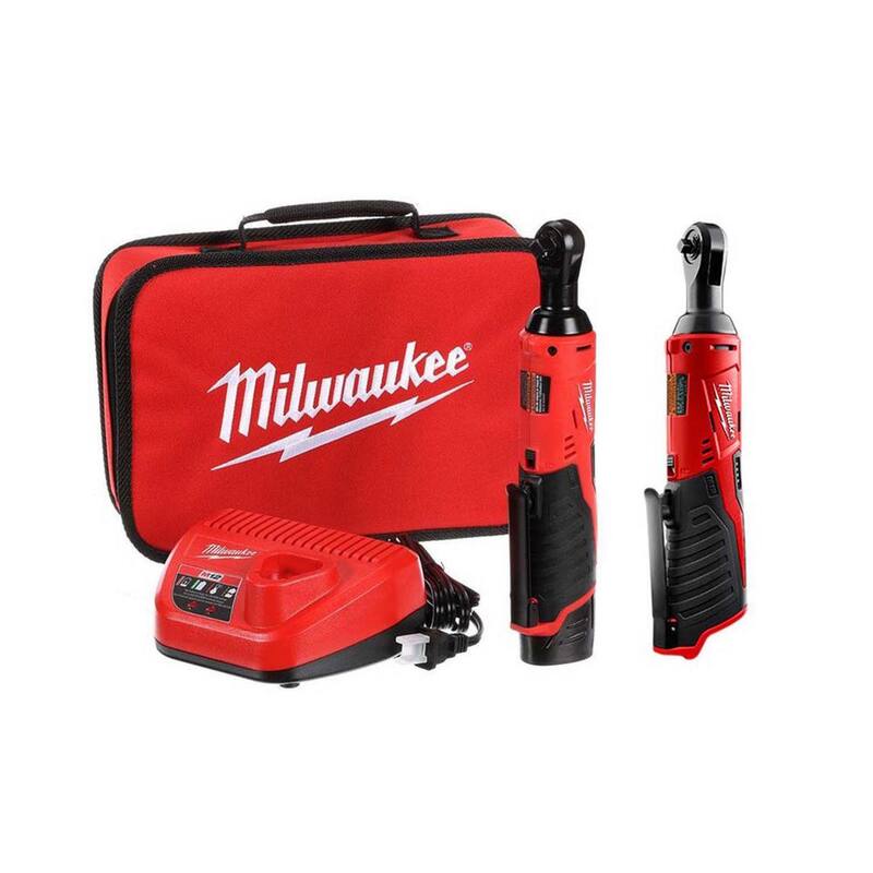 Juego de trinquete inalámbrico de iones de litio de 12V Milwaukee M12 de 3/8 y 1/4 pulgadas (2 herramientas) con batería, cargador y estuche - 2457-21-2456-20.