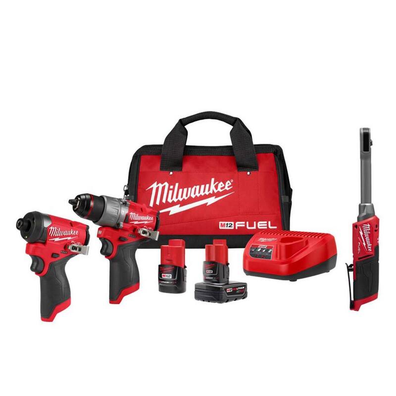 Llave de trinquete inalámbrica Milwaukee M12 FUEL INSIDER 12V de iones de litio sin escobillas de 1/4 a 3/8 de pulgada con alcance extendido en caja, con kit combo de 2 herramientas M12 - 3050-20-3497-22