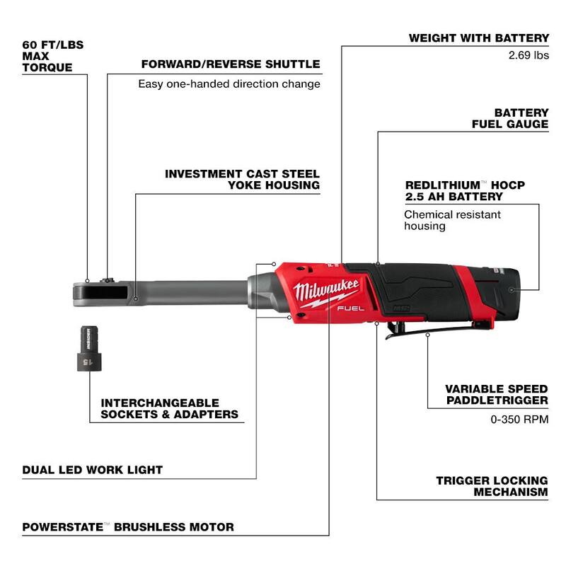 Milwaukee M12 FUEL INSIDER 12V Kit de trinquete de caja de alcance extendido inalámbrico sin escobillas de 1/4in-3/8in de iones de litio con batería M12 de 2.5 Ah - 3050-21-48-11-2425