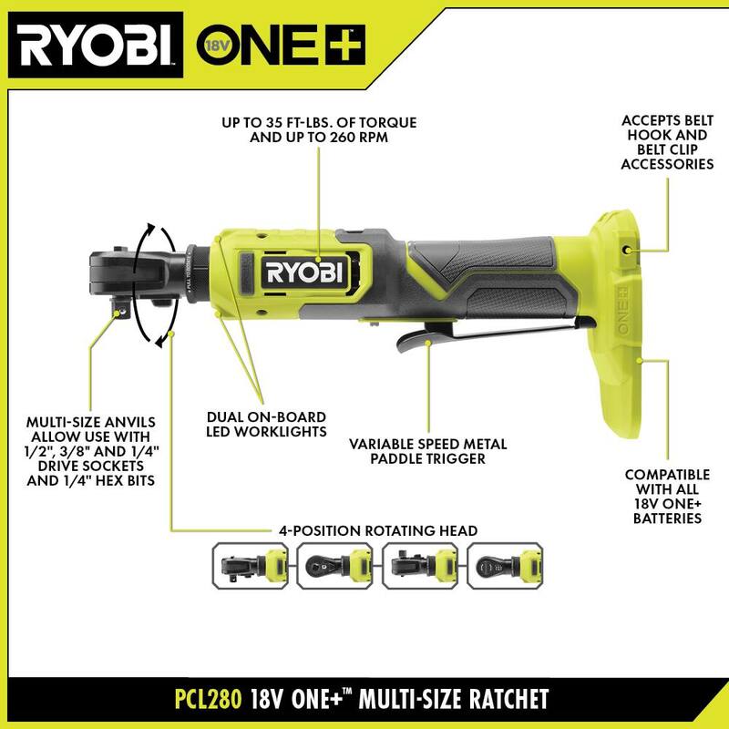 RYOBI ONE+ 18V Llave de trinquete inalámbrica de tamaño múltiple con batería compacta de iones de litio ONE+ 18V de 2.0 Ah y cargador - PCL280B-PSK005