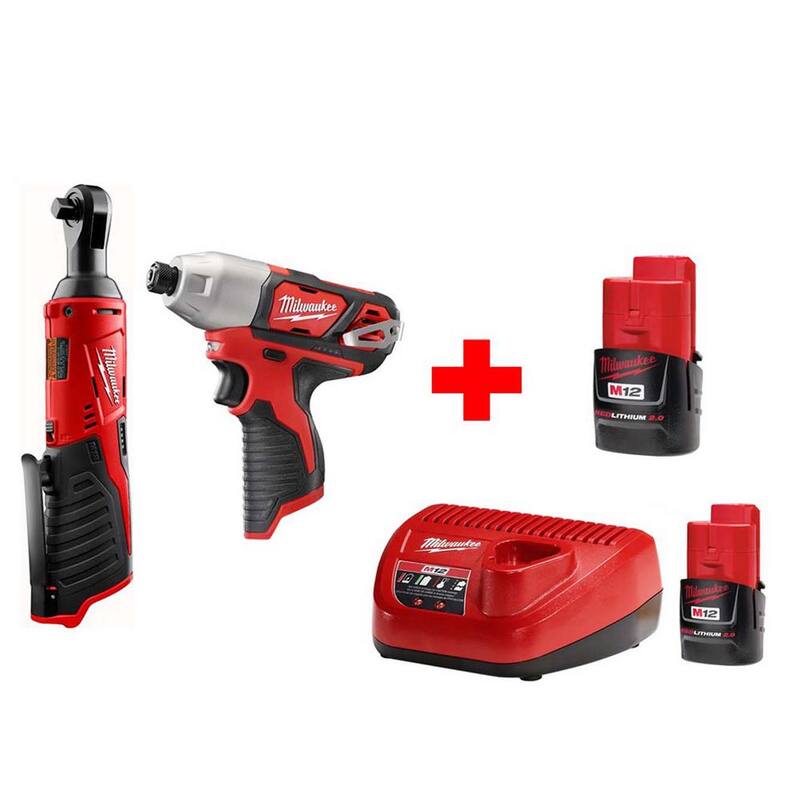 Kit combinado inalámbrico de trinquete de 3/8 pulgadas y de impacto de 1/4 pulgadas con batería de iones de litio de 12 voltios Milwaukee M12 (2 herramientas) - 2457-20-2462-20-48-59-2420-48-11-2420