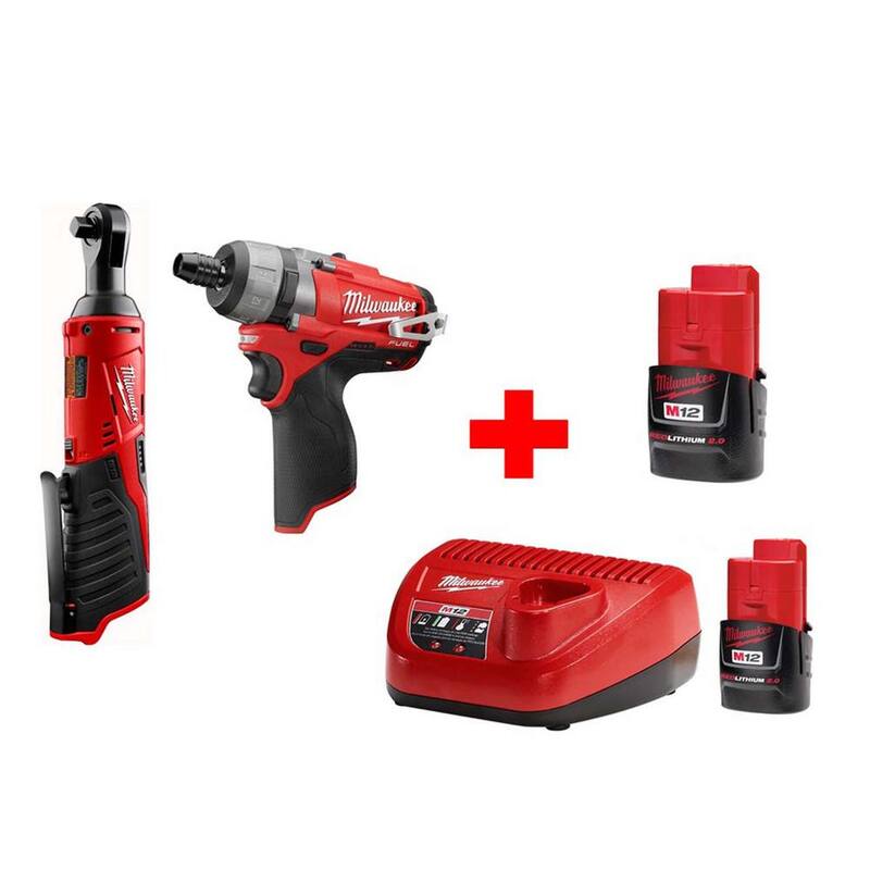 Juego combinado de llave de trinquete inalámbrica de 3/8 pulgadas y destornillador de 1/4 pulgadas Milwaukee M12 de 12 voltios de iones de litio FUEL (2 herramientas) - 2457-20-2402-20-48-59-2420-48-11-2420
