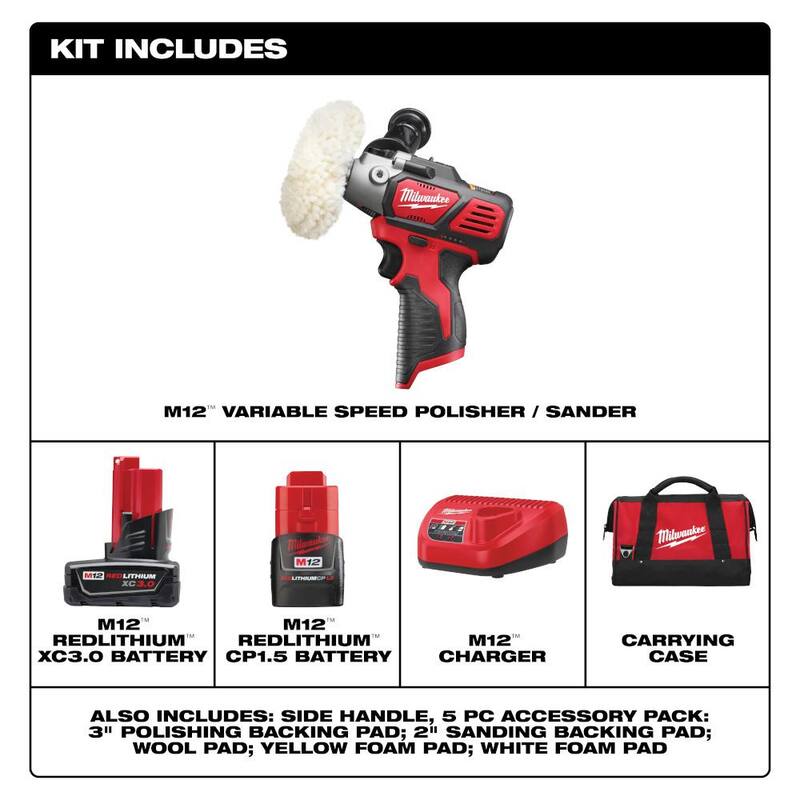 Milwaukee M12 12V Lithium-Ion Pulidora/Lijadora inalámbrica de velocidad variable Kit con (2) baterías M12, accesorios, cargador y bolsa de herramientas - 2438-22X