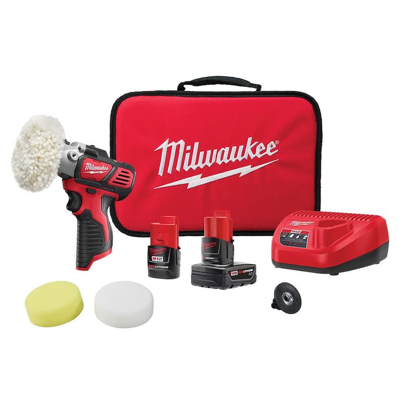 Milwaukee M12 12V Lithium-Ion Pulidora/Lijadora inalámbrica de velocidad variable Kit con (2) baterías M12, accesorios, cargador y bolsa de herramientas - 2438-22X