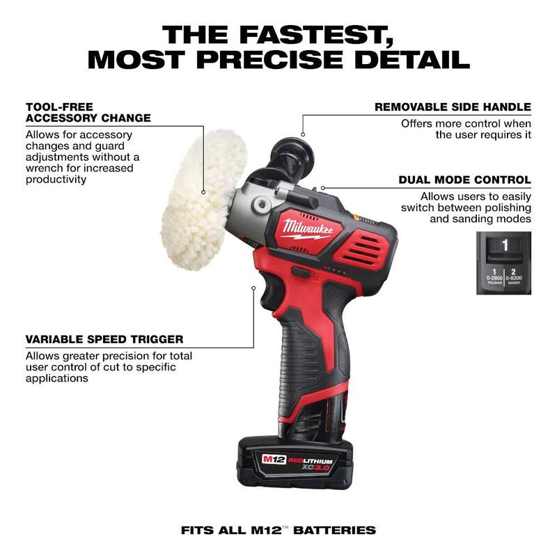 Milwaukee M12 12V Lithium-Ion Pulidora/Lijadora inalámbrica de velocidad variable Kit con (2) baterías M12, accesorios, cargador y bolsa de herramientas - 2438-22X