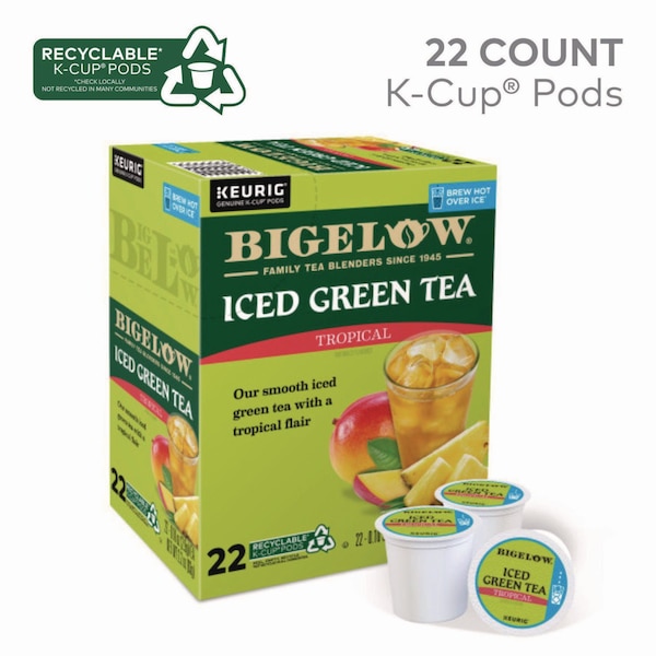 Bigelow Tropical Iced Green Tea, K-Cup, 0.10 oz, PK22, 22PK - 5000364656