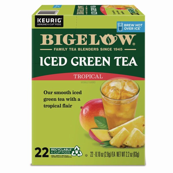 Bigelow Tropical Iced Green Tea, K-Cup, 0.10 oz, PK22, 22PK - 5000364656