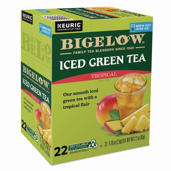 Bigelow Tropical Iced Green Tea, K-Cup, 0.10 oz, PK22, 22PK - 5000364656