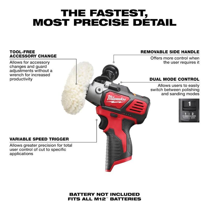 Pulidora/Lijadora inalámbrica de velocidad variable Milwaukee M12 de 12 volts con batería de ion de litio M12 12V CP de alta potencia de 2.5 Ah - 2438-20-48-11-2425