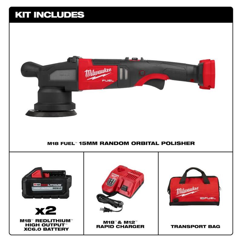 Kit pulidor DA inalámbrico sin escobillas de 15 mm Milwaukee M18 FUEL 18V de ion de litio con (2) baterías M18, cargador y estuche - 2684-22HD