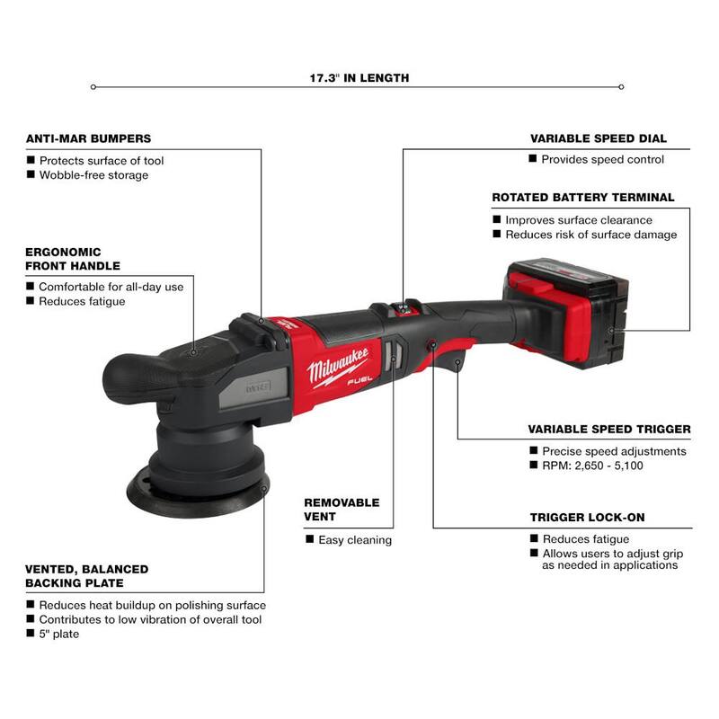 Kit pulidor DA inalámbrico sin escobillas de 15 mm Milwaukee M18 FUEL 18V de ion de litio con (2) baterías M18, cargador y estuche - 2684-22HD
