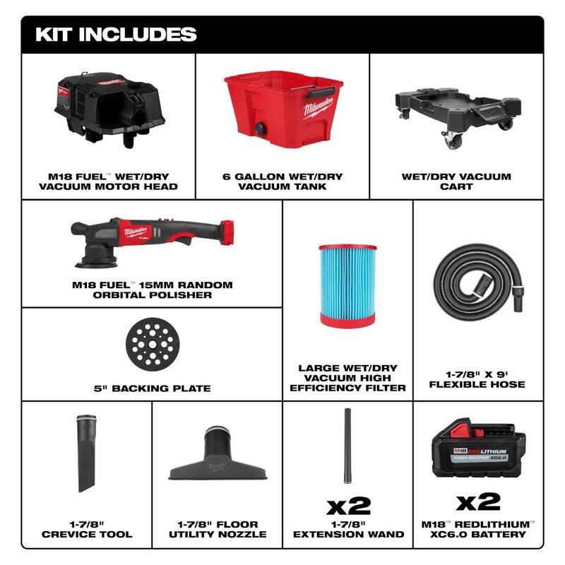 Pulidora Milwaukee M18 FUEL 18V Lith-Ion sin escobillas inalámbrica de 15MM DA con aspiradora de taller húmedo/seco y (2) paquetes de baterías de alto rendimiento de 6.0Ah - 2684-20-0910-20-48-11-1862