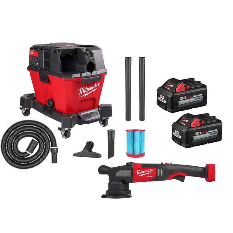 Pulidora Milwaukee M18 FUEL 18V Lith-Ion sin escobillas inalámbrica de 15MM DA con aspiradora de taller húmedo/seco y (2) paquetes de baterías de alto rendimiento de 6.0Ah - 2684-20-0910-20-48-11-1862