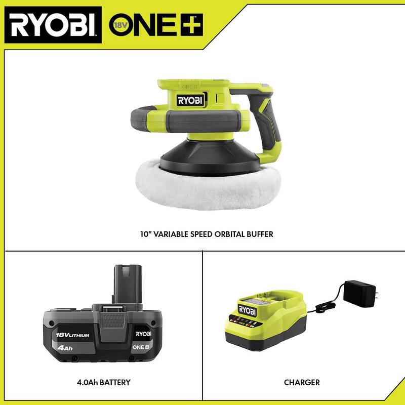 RYOBI ONE+ 18V Pulidora Orbital Aleatoria Inalámbrica de 10 pulgadas con Velocidad Variable, Kit con Batería de 4.0 Ah y Cargador - PCL465K1