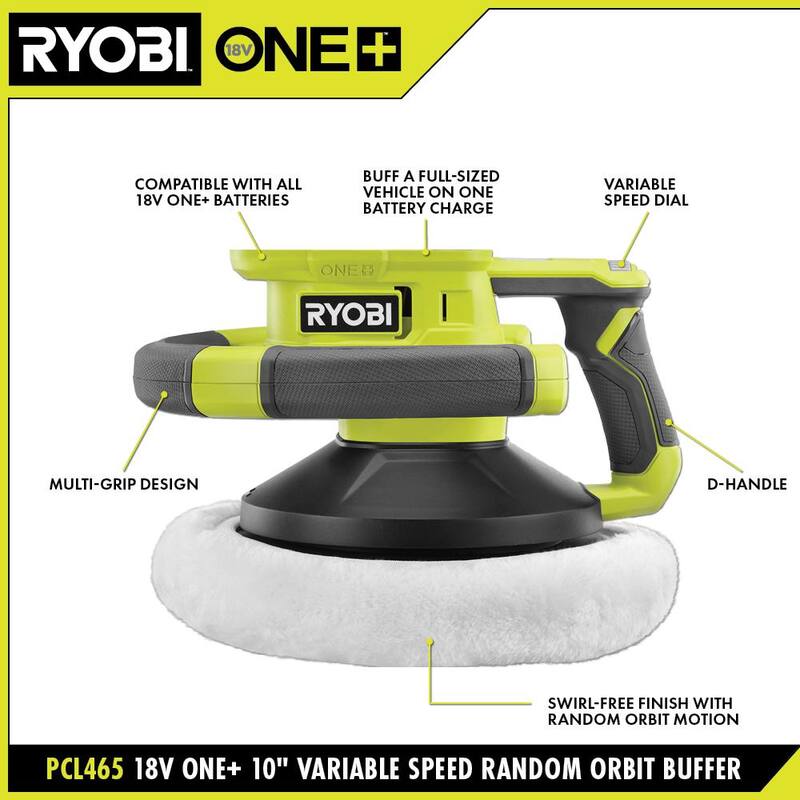 RYOBI ONE+ 18V Pulidora Orbital Aleatoria Inalámbrica de 10 pulgadas con Velocidad Variable, Kit con Batería de 4.0 Ah y Cargador - PCL465K1