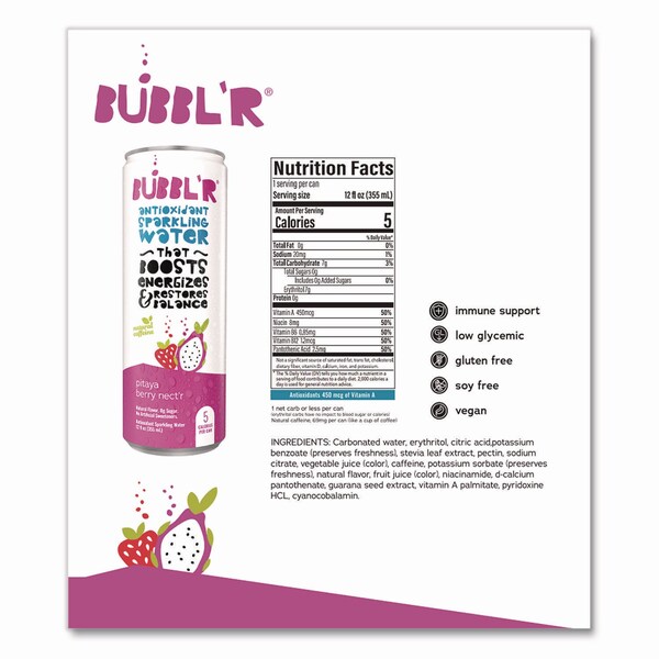 Bubblr Antioxidant Sparkling Water, Pitaya Berry Nect'r, 12PK - WIC39978
