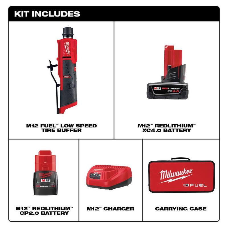 Kit de pulidora de neumáticos de baja velocidad Milwaukee M12 FUEL 12V de iones de litio sin escobillas con batería de 4.0 Ah y 2.0 Ah y mochila - 2409-22