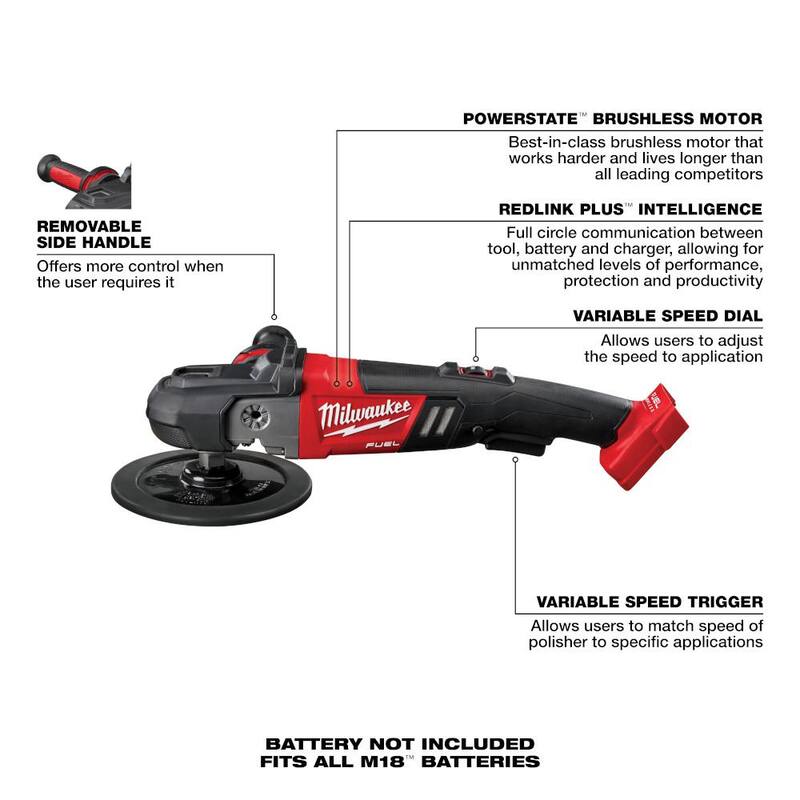 Pulidora inalámbrica con velocidad variable Milwaukee M18 FUEL 18V de 7 pulgadas con batería de alto rendimiento XC 8.0Ah - 2738-20-48-11-1880