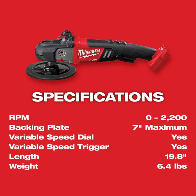 Pulidora inalámbrica con velocidad variable Milwaukee M18 FUEL 18V de 7 pulgadas con batería de alto rendimiento XC 8.0Ah - 2738-20-48-11-1880
