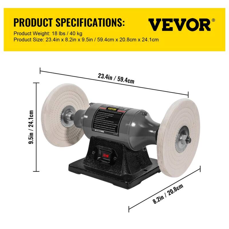 Pulidora de banco con cable VEVOR de 8 pulgadas, 350 watts, 3/4HP, 3600 RPM, torno de banco para pulir joyas de madera, plata, ámbar y metal - YCPGJMC8110VWC39IV1.