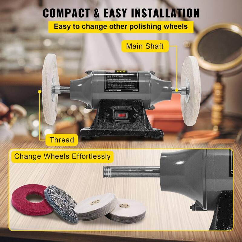Pulidora de banco con cable VEVOR de 8 pulgadas, 350 watts, 3/4HP, 3600 RPM, torno de banco para pulir joyas de madera, plata, ámbar y metal - YCPGJMC8110VWC39IV1.