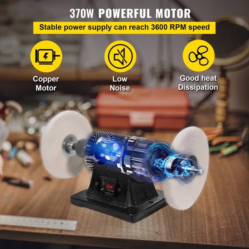 Pulidora de banco con cable VEVOR de 8 pulgadas, 350 watts, 3/4HP, 3600 RPM, torno de banco para pulir joyas de madera, plata, ámbar y metal - YCPGJMC8110VWC39IV1.