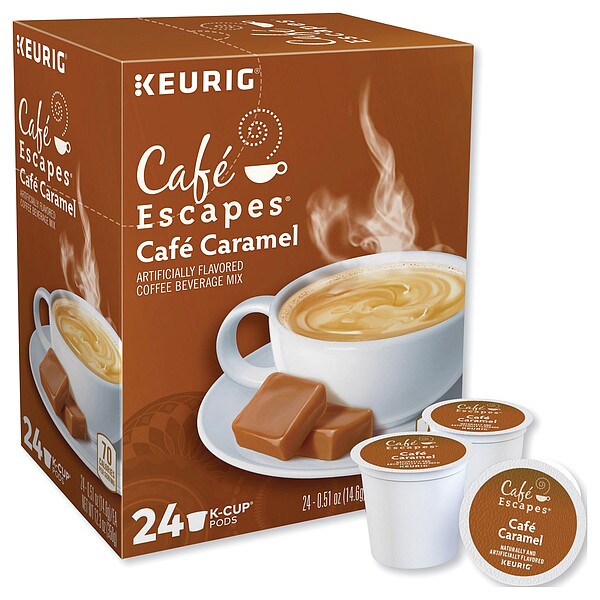 Cafe Escapes Coffee, Caramel, Pod, Caffeinated, Ground, 12.24 oz, 24 PK - 6813