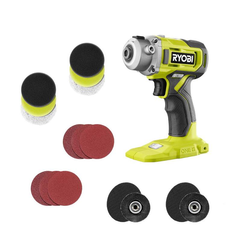 RYOBI ONE+ 18V Pulidora/Lijadora Detallista Inalámbrica de 3 pulgadas con Velocidad Variable (Herramienta solamente) con Set de Pulidora/Lijadora Detallista (8 piezas) - PBF102B-A95DP801