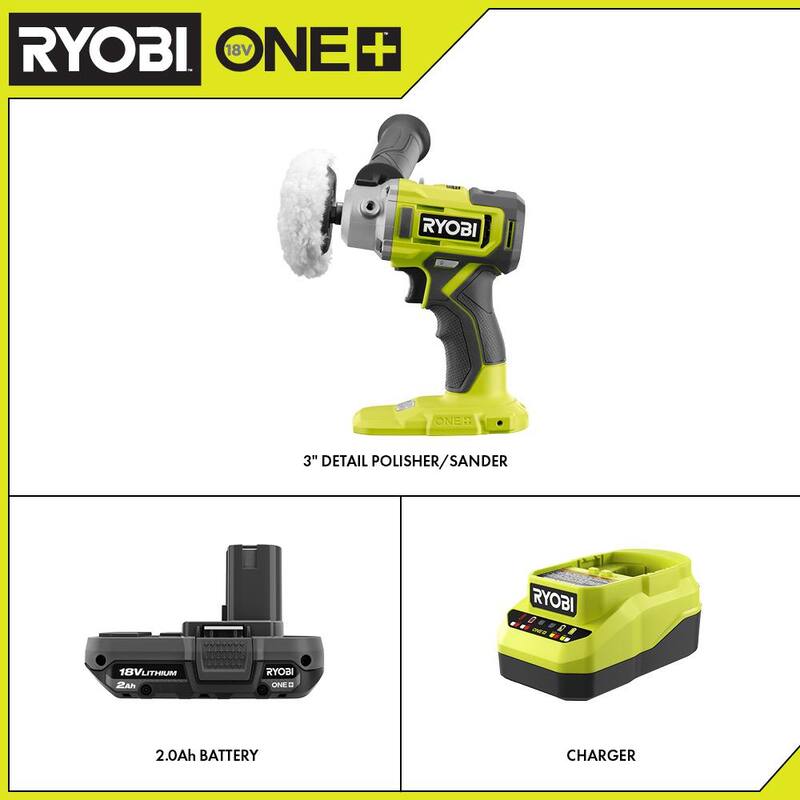 Kit de pulidor/lija inalámbrico RYOBI ONE+ 18V de velocidad variable de 3 pulgadas con batería de 2.0 Ah y cargador - PBF102KN