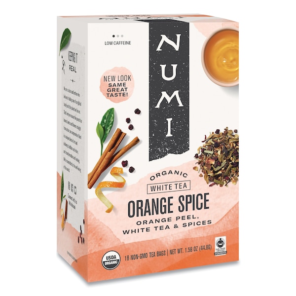 Numi Organic Teas, 1.58oz, WhiteOrangeSpice, PK16, White Orange Spice, Bag, Low, 1.58 oz, 16 PK - 10240