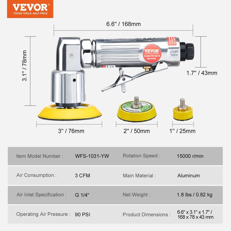 Pulidora neumática VEVOR a 15000 RPM para trabajo en carrocería de automóviles. Pulidora mini orbital aleatoria con 58 piezas en kit de pulidora neumática.
