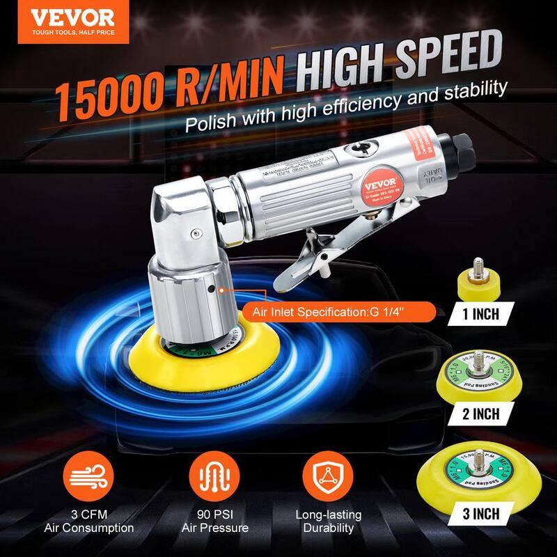 Pulidora neumática VEVOR a 15000 RPM para trabajo en carrocería de automóviles. Pulidora mini orbital aleatoria con 58 piezas en kit de pulidora neumática.