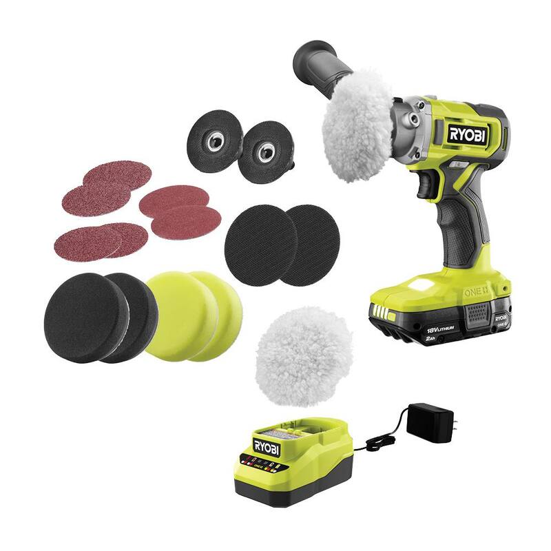 Kit de pulidor/lija de detalle inalámbrico RYOBI ONE+ 18V de 3 pulgadas con batería de 2.0 Ah, cargador y set de accesorios de pulidor/lija de 8 piezas - PBF102KN-A95DP801