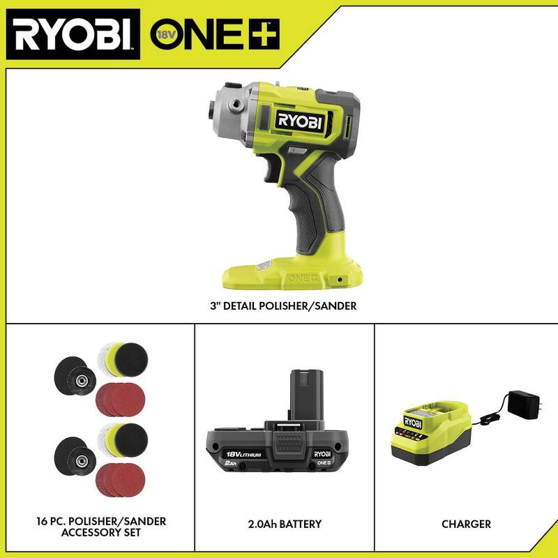 Kit de pulidor/lija de detalle inalámbrico RYOBI ONE+ 18V de 3 pulgadas con batería de 2.0 Ah, cargador y set de accesorios de pulidor/lija de 8 piezas - PBF102KN-A95DP801