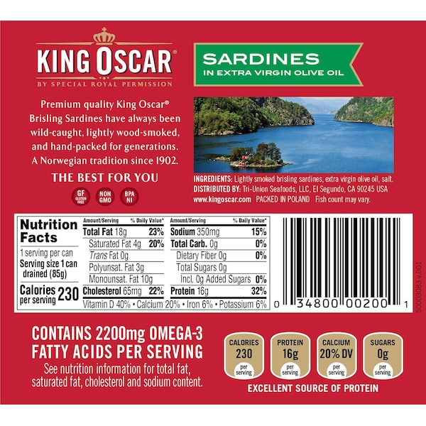 King Oscar King Oscar Sardines 2-Layer In Extra Virgin Olive Oil 3.75 oz., PK12 - 00034800600023
