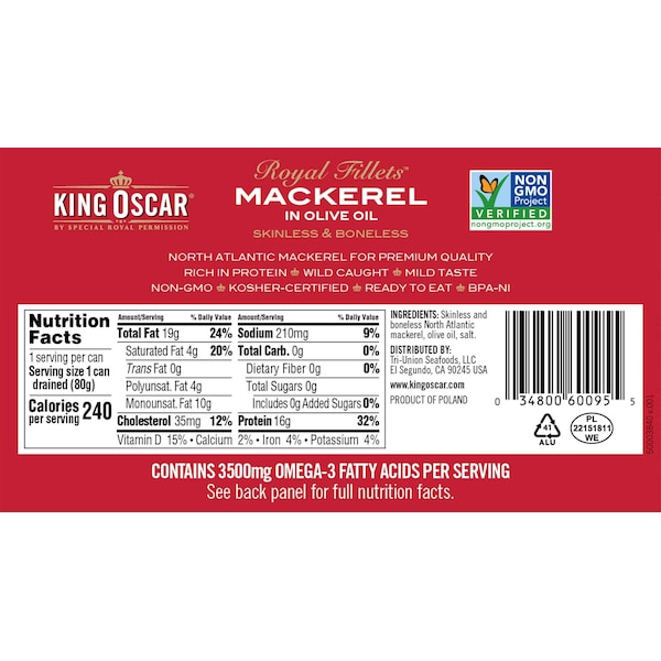 King Oscar Royal Fillet Skinless/Boneless Mackerel In Olive Oil 4.05 oz., PK12 - 10034800600952