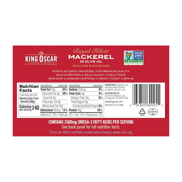 King Oscar Royal Fillet Skinless/Boneless Mackerel In Olive Oil 4.05 oz., PK12 - 10034800600952