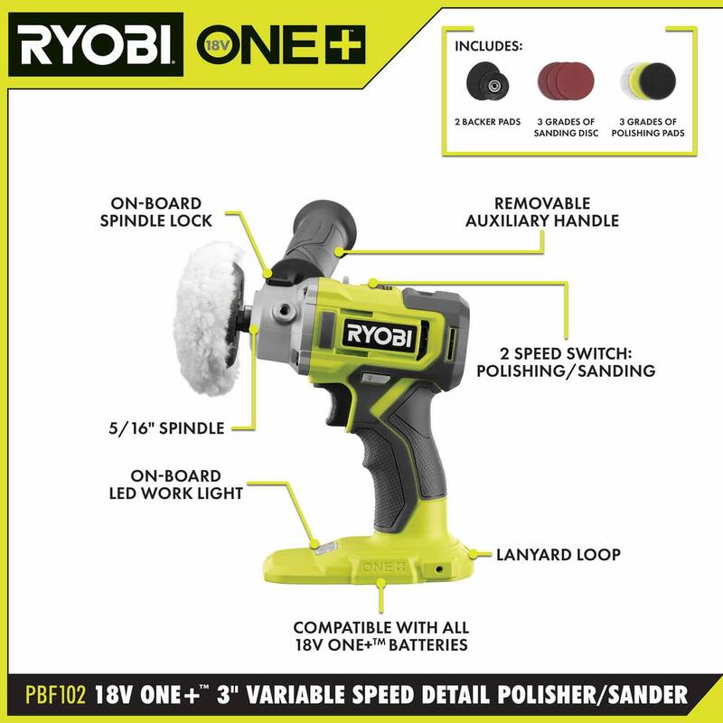 Pulidora/Lijadora detallista inalámbrica de velocidad variable de 3 pulgadas RYOBI ONE+ 18V con batería GRATIS de 2.0 Ah - PBF102B-PBP006