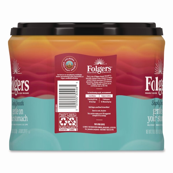 Folgers Simply Smooth Ground Coffee, Gentle On Your Stomach, 27 oz Canister - 30446